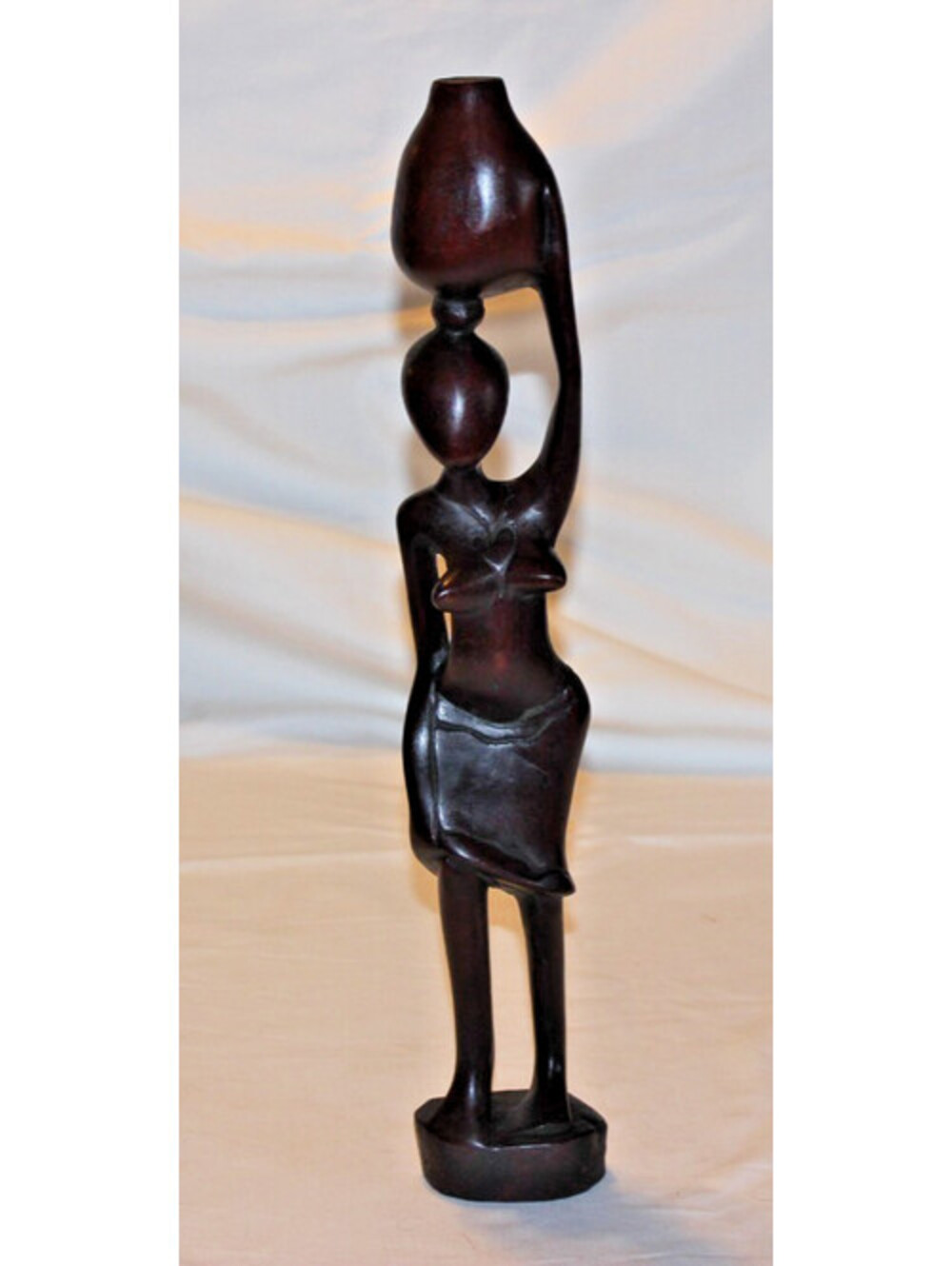 Vintage African Hand Carved Hardwood Woman Water Carrier Statue Sculpture 19"